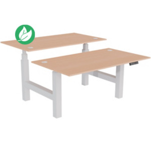 Bureau assis-debout partagé Activ'o - Réglage électrique en hauteur - L.140 x P.80 cm - Plateau Hêtre avec obturateurs - Pieds Blanc Bureau assis-debout partagé Activ'o - Réglage électrique en hauteur - L.140 x P.80 cm - Plateau Hêtre avec obturateurs - Pieds Blanc