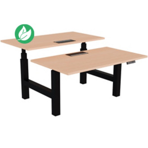 Bureau assis-debout partagé Activ'o - Réglage électrique en hauteur - L.140 x P.80 cm - Plateau Hêtre avec top access - Pieds Noir Bureau assis-debout partagé Activ'o - Réglage électrique en hauteur - L.140 x P.80 cm - Plateau Hêtre avec top access - Pieds Noir