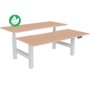 Bureau assis-debout partagé Activ'o - Réglage électrique en hauteur - L.180 x P.80 cm - Plateau Hêtre avec échancrure - Pieds Blanc Bureau assis-debout partagé Activ'o - Réglage électrique en hauteur - L.180 x P.80 cm - Plateau Hêtre avec échancrure - Pieds Blanc