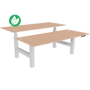 Bureau assis-debout partagé Activ'o - Réglage électrique en hauteur - L.180 x P.80 cm - Plateau Hêtre avec obturateurs - Pieds Blanc Bureau assis-debout partagé Activ'o - Réglage électrique en hauteur - L.180 x P.80 cm - Plateau Hêtre avec obturateurs - Pieds Blanc