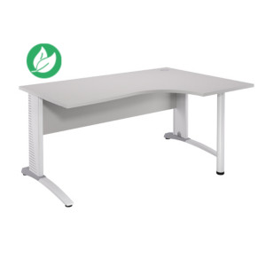 Bureau compact retour à droite Biospace avec voile de fond - L.160 x P.110 cm - Plateau Gris - Pieds Blanc - Embases Blanc