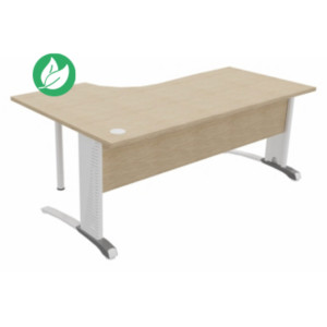 Bureau compact retour à droite Biospace avec voile de fond - L.180 x P.110 cm - Plateau Chêne - Pieds Blanc - Embases Aluminium Bureau compact retour à droite Biospace avec voile de fond - L.180 x P.110 cm - Plateau Chêne - Pieds Blanc - Embases Aluminium