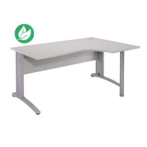 Bureau compact retour à gauche Biospace avec voile de fond - L.160 x P.110 cm - Plateau Gris - Pieds Aluminium - Embases Blanc