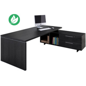 Bureau direction Flore avec retour suspendu - L.195 x P.170 cm - Plateau Frêne noir - Pieds panneaux