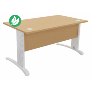 Bureau droit Biospace avec voile de fond - L.140 x P.80 cm - Plateau Hêtre - Pieds Blanc - Embases Blanc