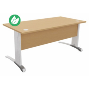 Bureau droit Biospace avec voile de fond - L.160 x P.80 cm - Plateau Hêtre - Pieds Blanc - Embases Aluminium