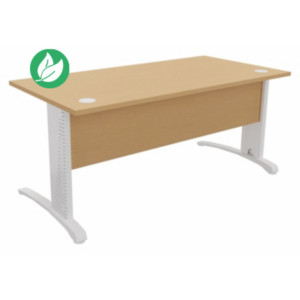 Bureau droit Biospace avec voile de fond - L.160 x P.80 cm - Plateau Hêtre - Pieds Blanc - Embases Blanc