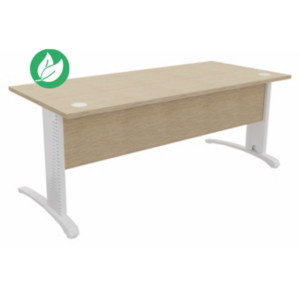 Bureau droit Biospace avec voile de fond - L.180 x P.80 cm - Plateau Chêne - Pieds Blanc - Embases Blanc Bureau droit Biospace avec voile de fond - L.180 x P.80 cm - Plateau Chêne - Pieds Blanc - Embases Blanc