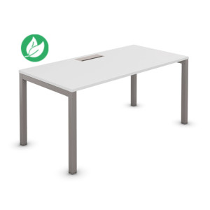 Bureau droit Burocolor avec trappe d'accès - L.140 x P.80 cm - Plateau Blanc - Pieds Aluminium