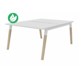 Bureau droit partagé 2 postes Burocolor A échancré - Départ - L.120 x P.163 cm - Plateau Blanc - Pieds Bois/Blanc Bureau droit partagé 2 postes Burocolor A échancré - Départ - L.120 x P.163 cm - Plateau Blanc - Pieds Bois/Blanc