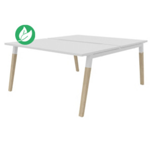 Bureau droit partagé 2 postes Burocolor A échancré - Départ - L.140 x P.163 cm - Plateau Blanc - Pieds Bois/Blanc Bureau droit partagé 2 postes Burocolor A échancré - Départ - L.140 x P.163 cm - Plateau Blanc - Pieds Bois/Blanc