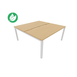 Bureau droit partagé 2 postes Burocolor échancré - Départ - L.140 x P.163 cm - Plateau Hêtre - Pieds Blanc