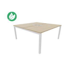 Bureau droit partagé 2 postes Burocolor avec trappe d'accès - Départ - L.140 x P.163 cm - Plateau Chêne - Pieds Blanc