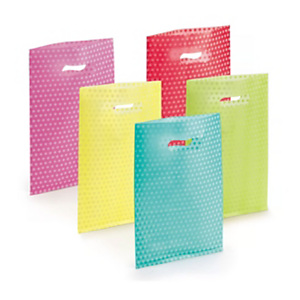 Busta Shopper in plastica con manico a fagiolo, 25 x 40 cm, Colori assortiti a pois bianchi (confezione 100 pezzi) Busta Shopper in plastica con manico a fagiolo, 25 x 40 cm, Colori assortiti a pois bianchi (confezione 100 pezzi)