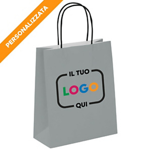 Busta Shopper Personalizzata, Carta Kraft liscia, 22 x 29 x 10 cm, Grigio/interno bianco (confezione 300 pezzi) Busta Shopper Personalizzata, Carta Kraft liscia, 22 x 29 x 10 cm, Grigio/interno bianco (confezione 300 pezzi)