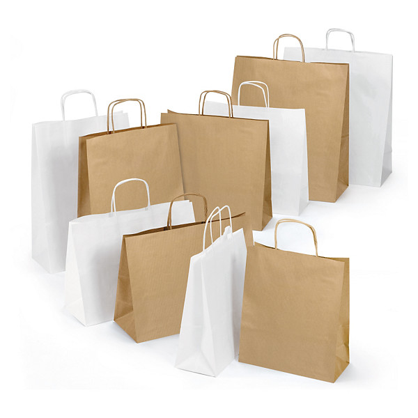 Buste shopper in carta bianca o avana con maniglie ritorte| RAJAPACK