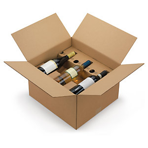Caisse carton brune d'expédition 6 bouteilles avec calage carton à montage instantané