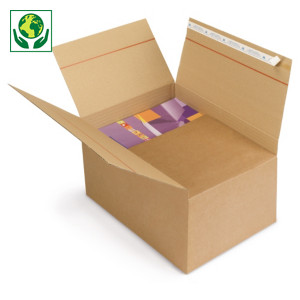 Caisse carton brune à hauteur variable et montage instantané avec fermeture adhésive