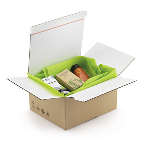 Caisse carton brune à montage instantané et fermeture adhésive RAJA intérieur blanc, simple cannelure Caisse carton brune à montage instantané et fermeture adhésive RAJA intérieur blanc, simple cannelure