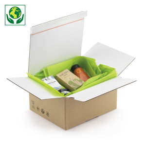 Caisse carton brune à montage instantané et fermeture adhésive RAJA intérieur blanc, simple cannelure