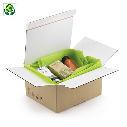 Caisse carton brune à montage instantané et fermeture adhésive RAJA intérieur blanc, simple cannelure - 1