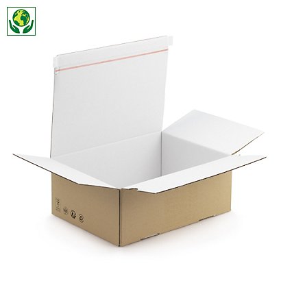 Caisse carton brune simple cannelure à montage instantané et fermeture adhésive intérieur blanc - 1