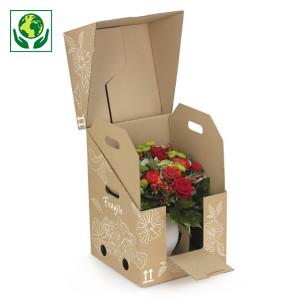 Caisse carton d'expédition avec calage et poignées pour plante et bouquet en vase