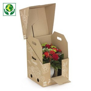 Caisse carton d'expédition avec calage et poignées pour plante et bouquet en vase Caisse carton d'expédition avec calage et poignées pour plante et bouquet en vase