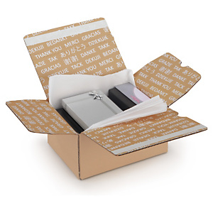 Caisse à montage instantané fermeture adhésive aller-retour et impression Merci 31x22x12 cm