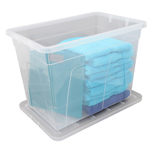 Caja de almacenamiento de plástico con tapa apilable transparente 64 l Caja de almacenamiento de plástico con tapa apilable transparente 64 l
