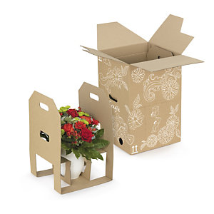 Caja de cartón con relleno y asas precortadas para el envío de plantas y ramos en jarrón