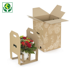 Caja de cartón con relleno y asas precortadas para el envío de plantas y ramos en jarrón