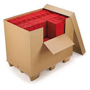 Caja contenedor de cartón con apertura frontal y tapa RAJA®