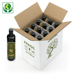 Caja para 12 botellas 250ml aceite de oliva con impresión FRÁGIL y motivo olivo