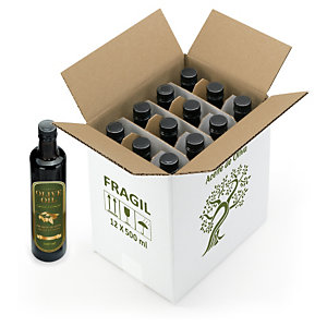 Caja para aceite de oliva con impresión FRÁGIL y motivo olivo