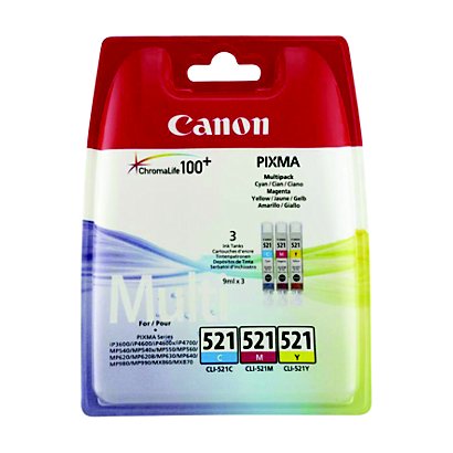 Canon CLI-521 CMY, 2934B010, Cartucho de Tinta, ChromaLife100+, PIXMA, Cian, Magenta, Amarillo