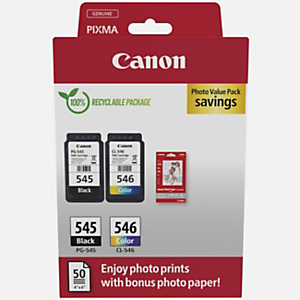 Canon PG-545 / CL-546 + papel fotográfico, 8287B008, Cartucho de Tinta, PIXMA, Negro, Tricolor Canon PG-545 / CL-546 + papel fotográfico, 8287B008, Cartucho de Tinta, PIXMA, Negro, Tricolor