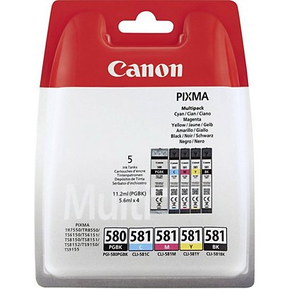 Canon PGI-580PGBK / CLI-581 CMYBK, 2078C006, Cartucho de Tinta, ChromaLife100+, PIXMA, Negro x 2, Cian, Magenta, Amarillo, Multipack