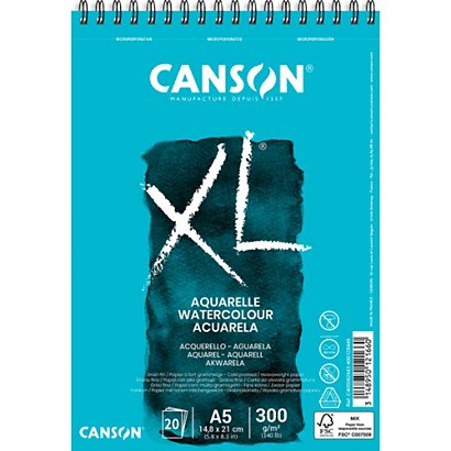 CANSON Album spiralé 20 feuilles XL AQUARELLE, A5, 300G, grain fin Blanc