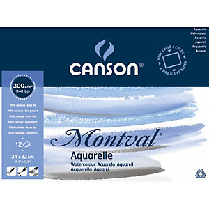 CANSON Bloc 12 feuilles papier aquarelle MONTVAL, collées 4 côtés, 24x32, 300G, grain fin Blanc naturel