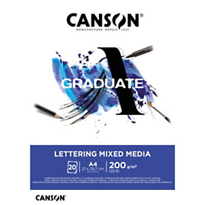 CANSON Blocco Graduate Lettering Mixed Media, Formato A4, Finitura grana fine, 20 fogli bianchi da 200 g/m²