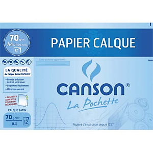 CANSON Pochette de 12 feuilles papier calque satin 70g format A4 livrée avec pastilles repositionnables. CANSON Pochette de 12 feuilles papier calque satin 70g format A4 livrée avec pastilles repositionnables.