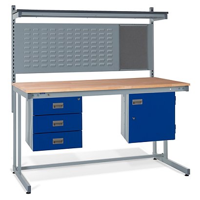 Cantilever square workbench kit, single cupboard, triple drawer - 1