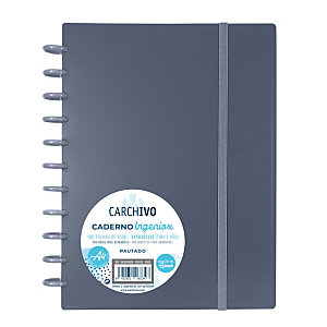 CARCHIVO Ingeniox Cuaderno de hojas reinsertables, personalizables, A4, cuadriculado 5x5 mm, 100 hojas, con discos extraíbles de 30 mm, tapa de polipropileno, con goma de cierre, gris
