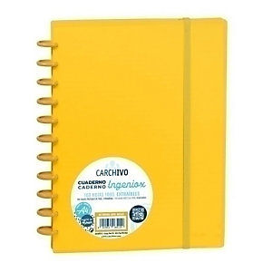 CARCHIVO Ingeniox Cuaderno de hojas reinsertables, personalizables, A4, cuadriculado 5x5 mm, 100 hojas, con discos extraíbles de 30 mm, tapa de polipropileno, con goma de cierre, mostaza intense