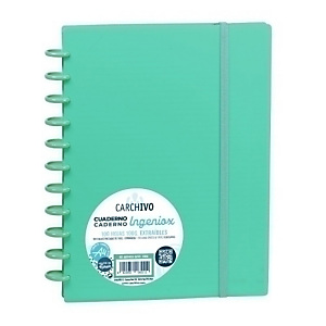 CARCHIVO Ingeniox Cuaderno de hojas reinsertables, personalizables, A4, cuadriculado 5x5 mm, 100 hojas, con discos extraíbles de 30 mm, tapa de polipropileno, con goma de cierre, verde intense
