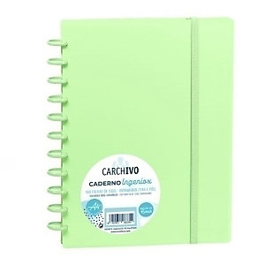 CARCHIVO Ingeniox Cuaderno de hojas reinsertables, personalizables, A4, cuadriculado 5x5 mm, 100 hojas, con discos extraíbles de 30 mm, tapa de polipropileno, con goma de cierre, verde pastel