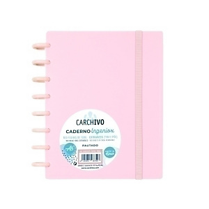 CARCHIVO Ingeniox Cuaderno de hojas reinsertables, personalizables, A5, cuadriculado 5x5 mm, 100 hojas, con discos extraíbles de 30 mm, tapa de polipropileno, con goma de cierre, rosa