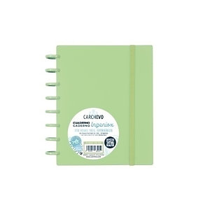 CARCHIVO Ingeniox Cuaderno de hojas reinsertables, personalizables, A5, cuadriculado 5x5 mm, 100 hojas, con discos extraíbles de 30 mm, tapa de polipropileno, con goma de cierre, verde pastel