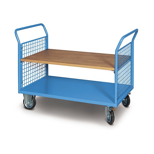 Carrello con 2 sponde in rete e 2 ripiani in lamiera 2 ruote fisse e 2 girevoli con freno 966 x 694 x 1013 mm portata 400 kg - 2